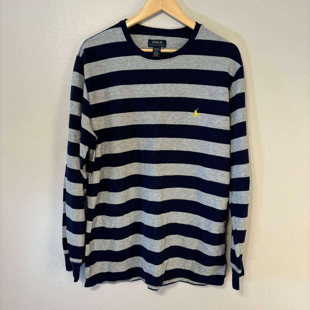 Polo by Ralph Lauren Men's Navy and Gray Striped Shirt Waffle Knit Logo XL